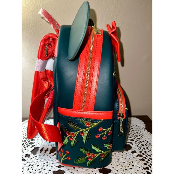 Loungefly Disney Minnie Mouse Holiday Holly Ears Mini Backpack Wallet Set - Picture 6 of 10
